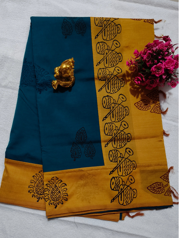 Peacock Blue With Yellow Colour Mangalagiri Cotton Sarees