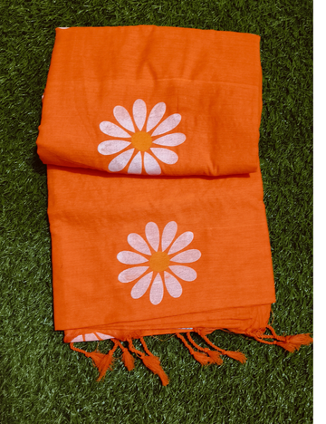 Orange colour Sunflower design khadi cotton sarees