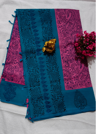 Pink With Teal Blue Mangalagiri Cotton Sarees