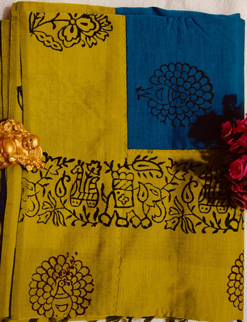 Teal Blue With Yellow Mangalagiri Cotton Sarees
