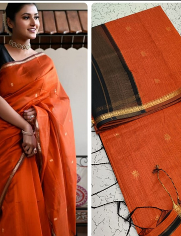 Orange With Black Colour Maheswari Silk Cotton Sarees