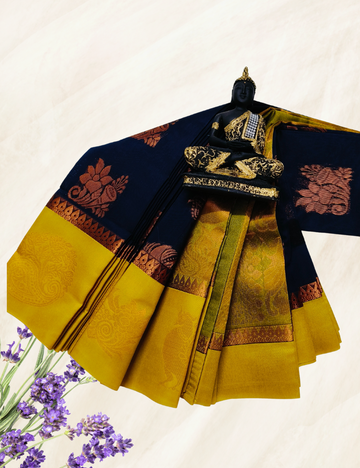 Dark Blue With Mustard Yellow Silk Cotton Sarees