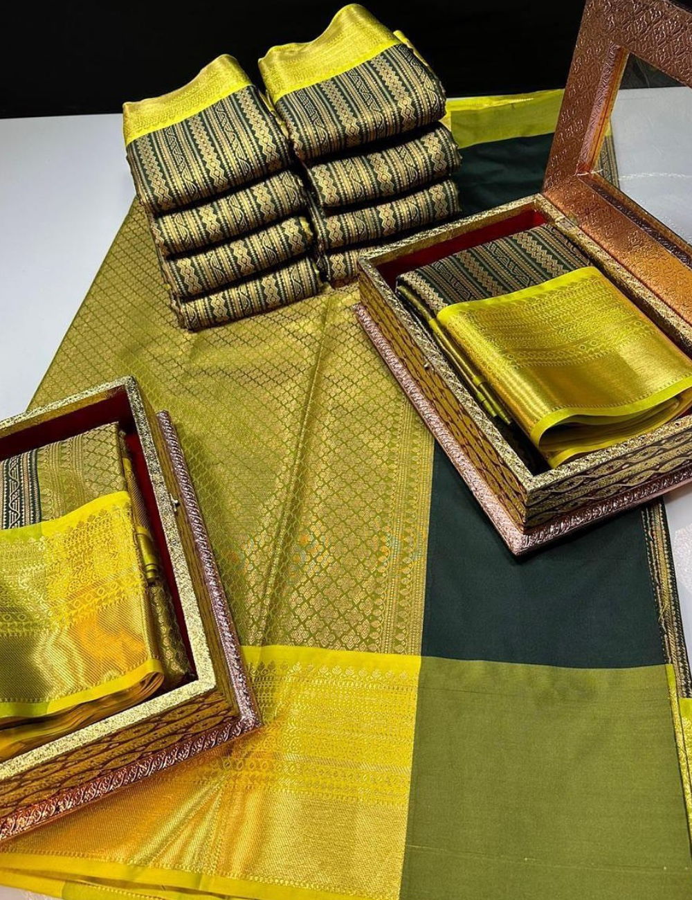 Bottle Green With Lemon Yellow Banarasi Tissue Semi Silk Sarees