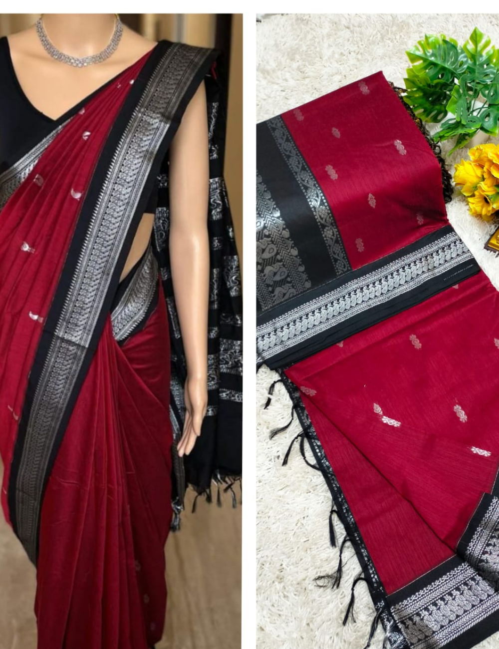 ✨ Elegant Kalyani Cotton Saree – Red with Silver Border ✨