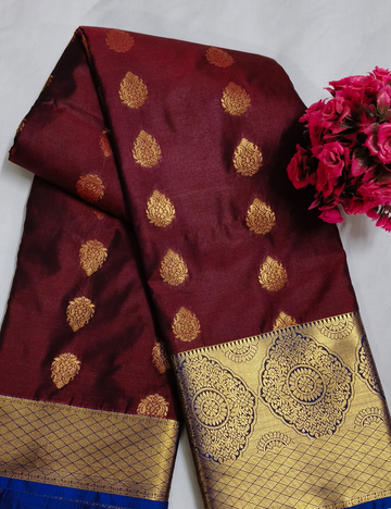 Brown with blue korvai soft silk sarees