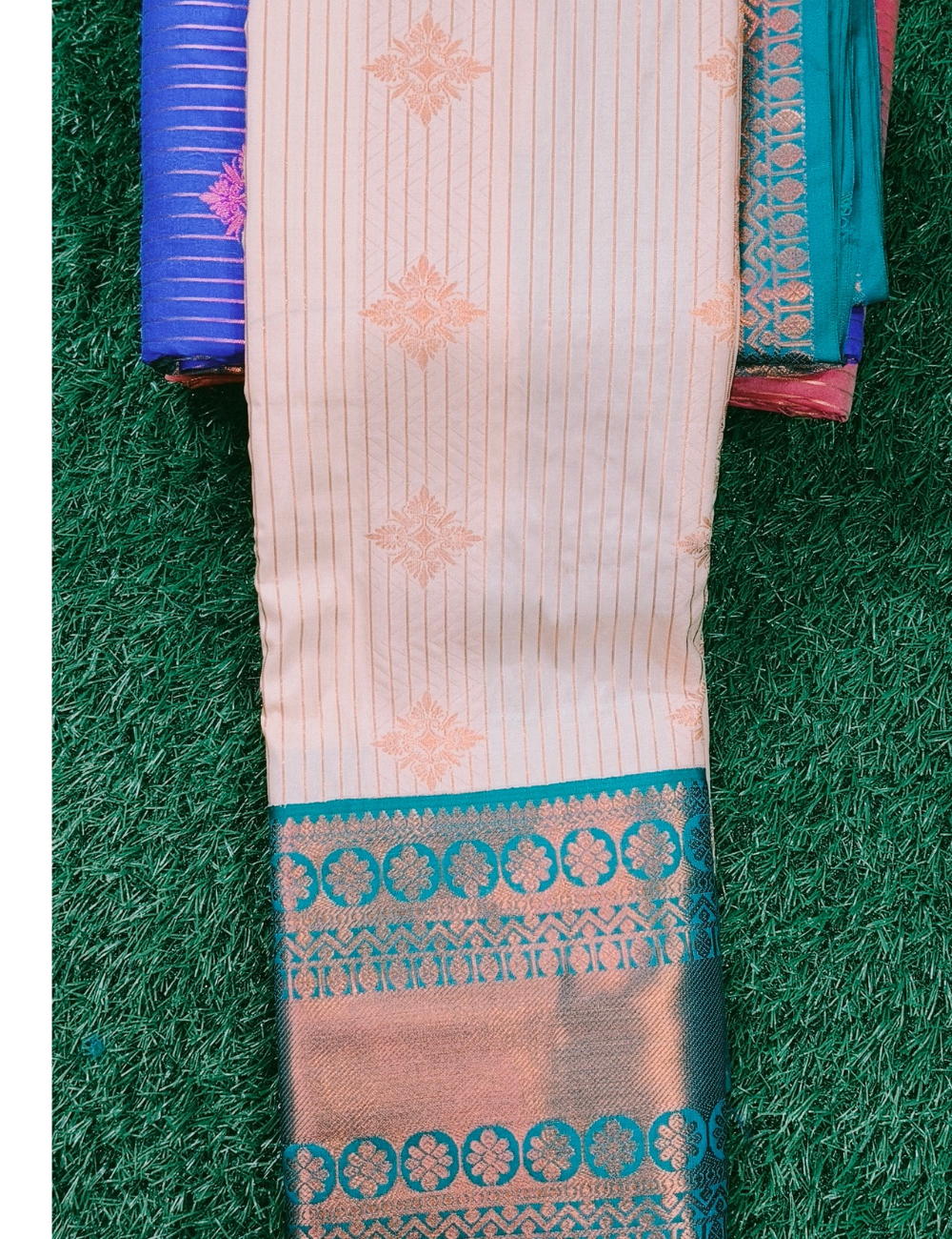 Beige & peacock Green  colour silk sarees