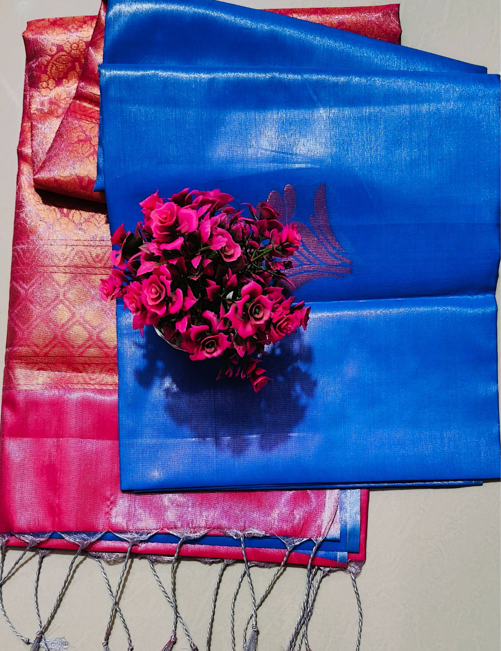 Blue With Pink Tissue Soft Silk Sarees