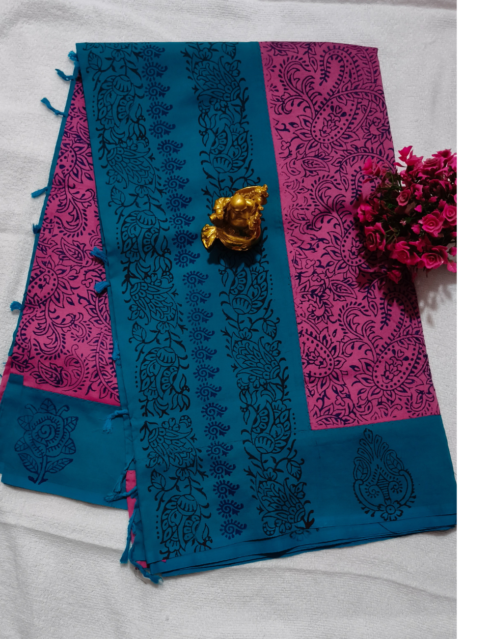 Pink With Teal Blue Mangalagiri Cotton Sarees