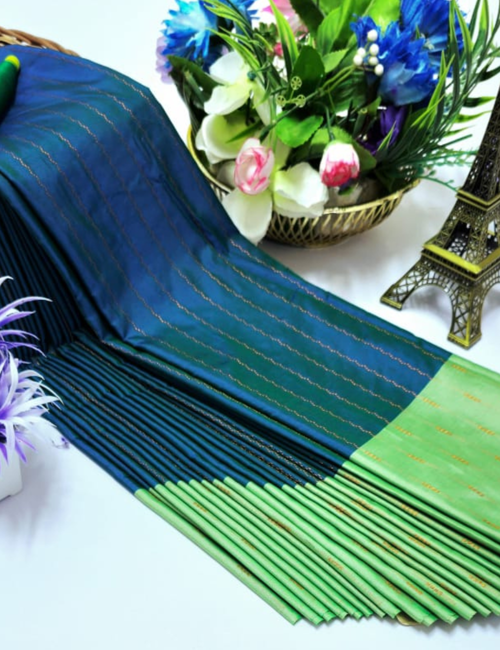 Rama Blue With Light Green Arani Soft Silk Sarees