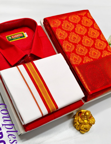 Couple Combo  Bridal  Silk Sarees  & Cotton Dhotis , Shirts - RED COLOUR
