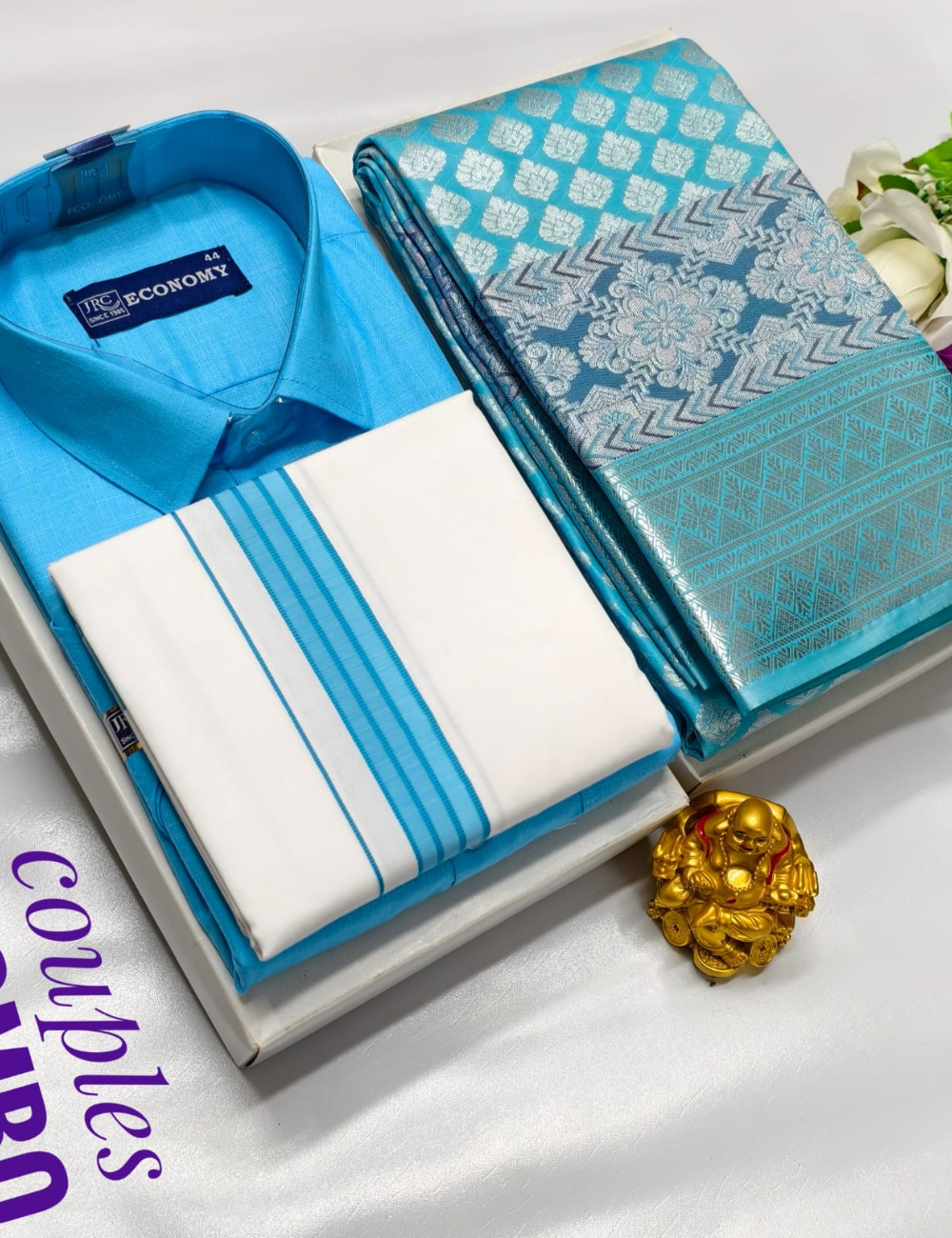 Couple Combo Bridal Silk Srees - Dhothis & Shirts - Sky Blue