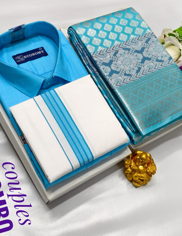 Couple Combo Bridal Silk Srees - Dhothis & Shirts - Sky Blue