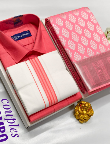 Couple Combo Bridal Silk Sarees - Dhothis & Shirts - Pink Colour
