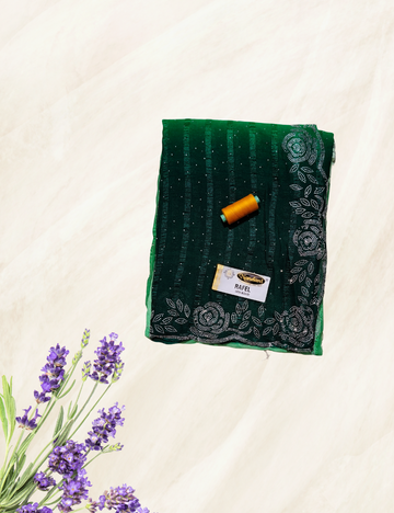 Green Colour Stone Work Popcorn Saree
