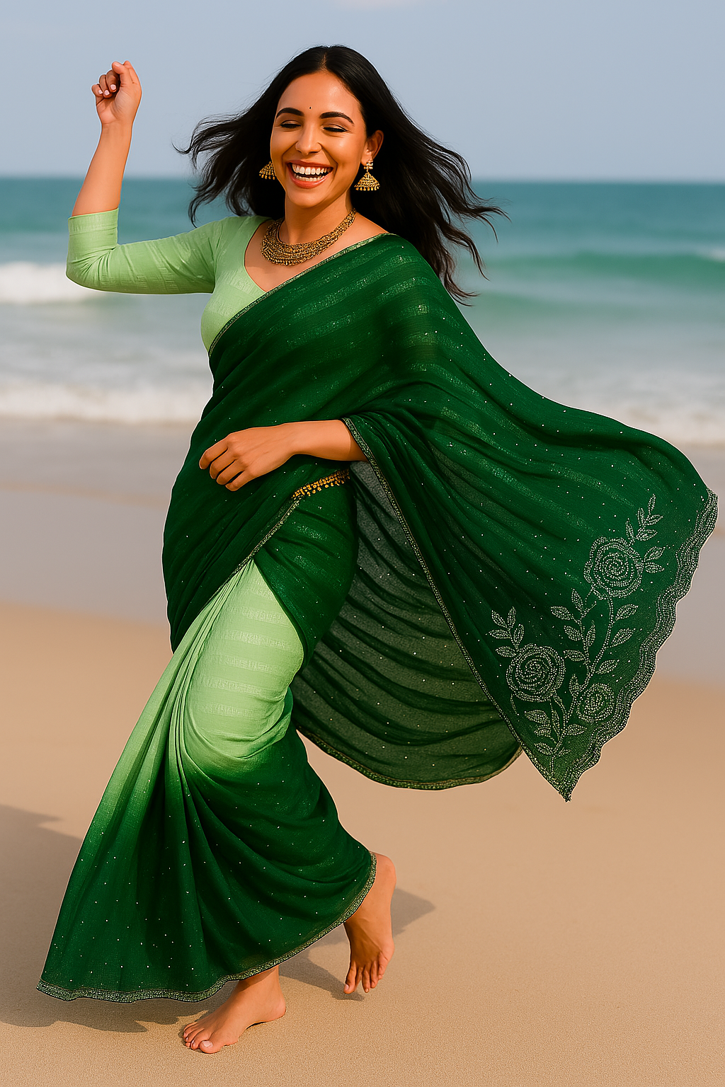 Green Colour Stone Work Popcorn Saree