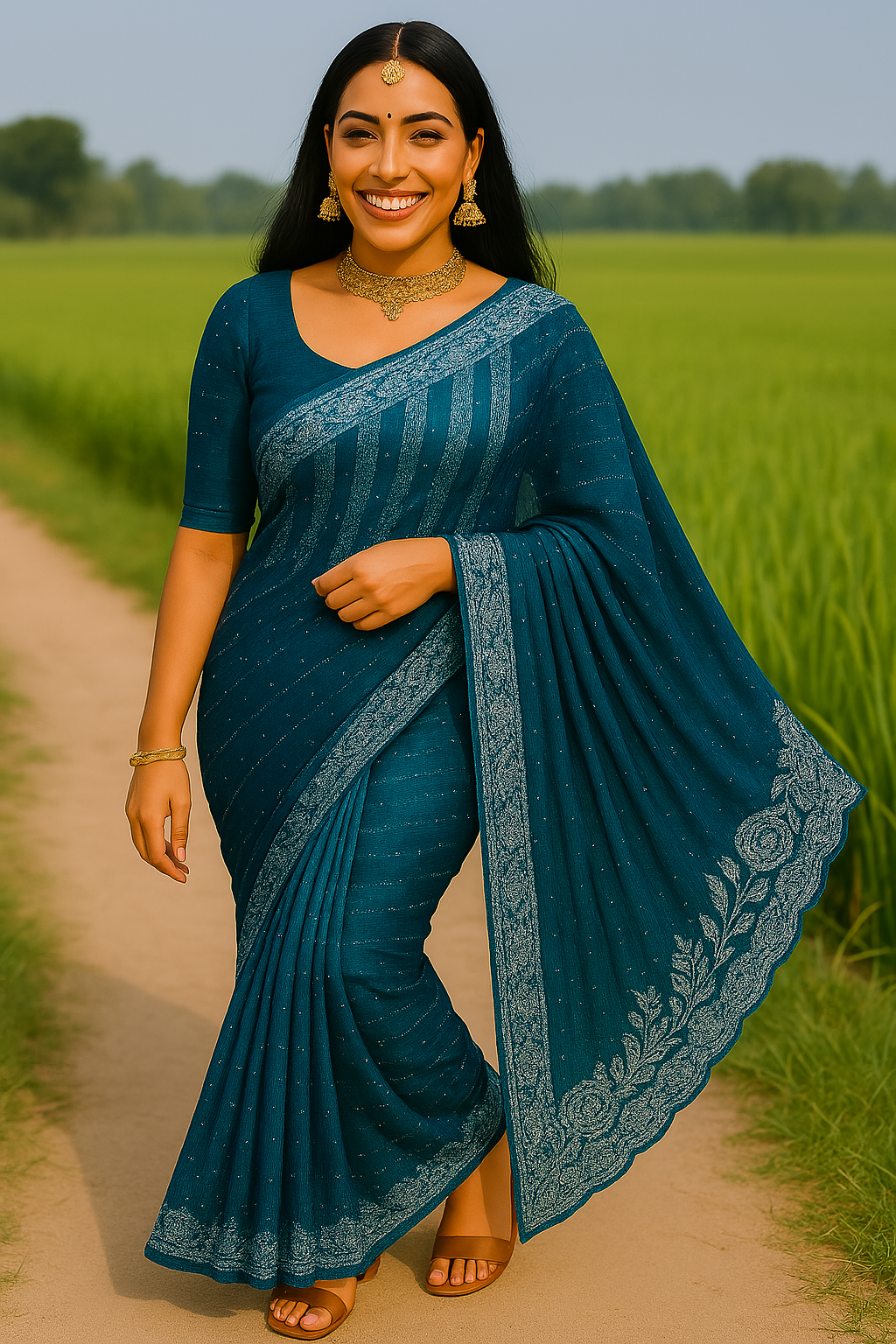 Peacock Blue Stone Work Popcorn Saree