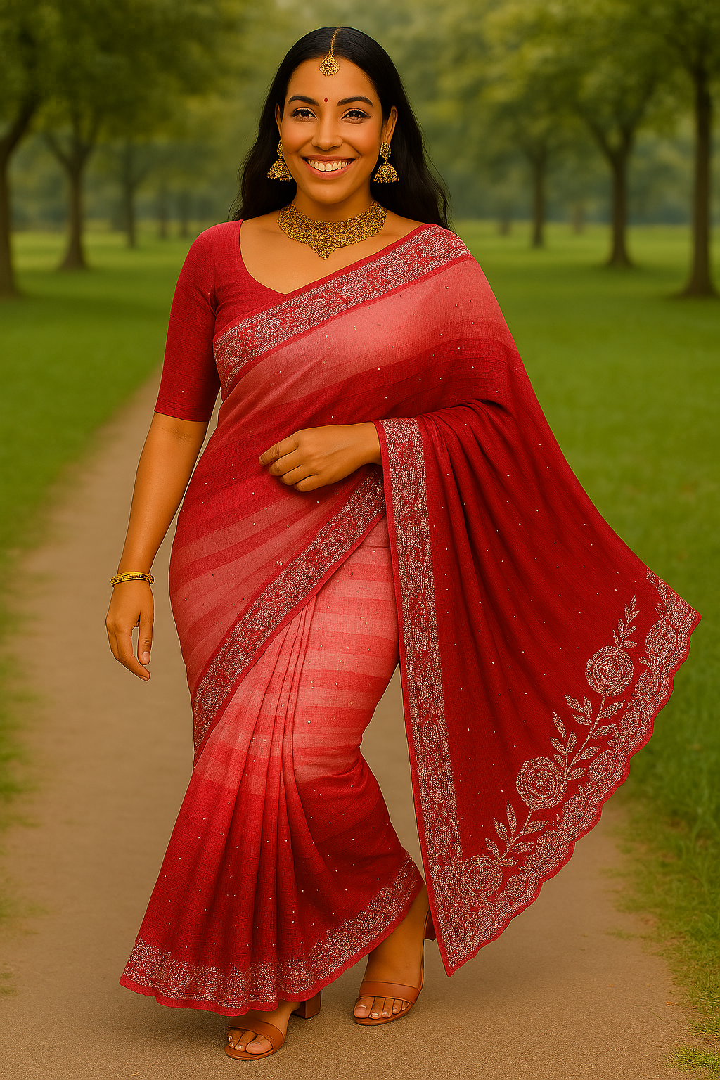 Red Colour Stone Work Popcorn Saree