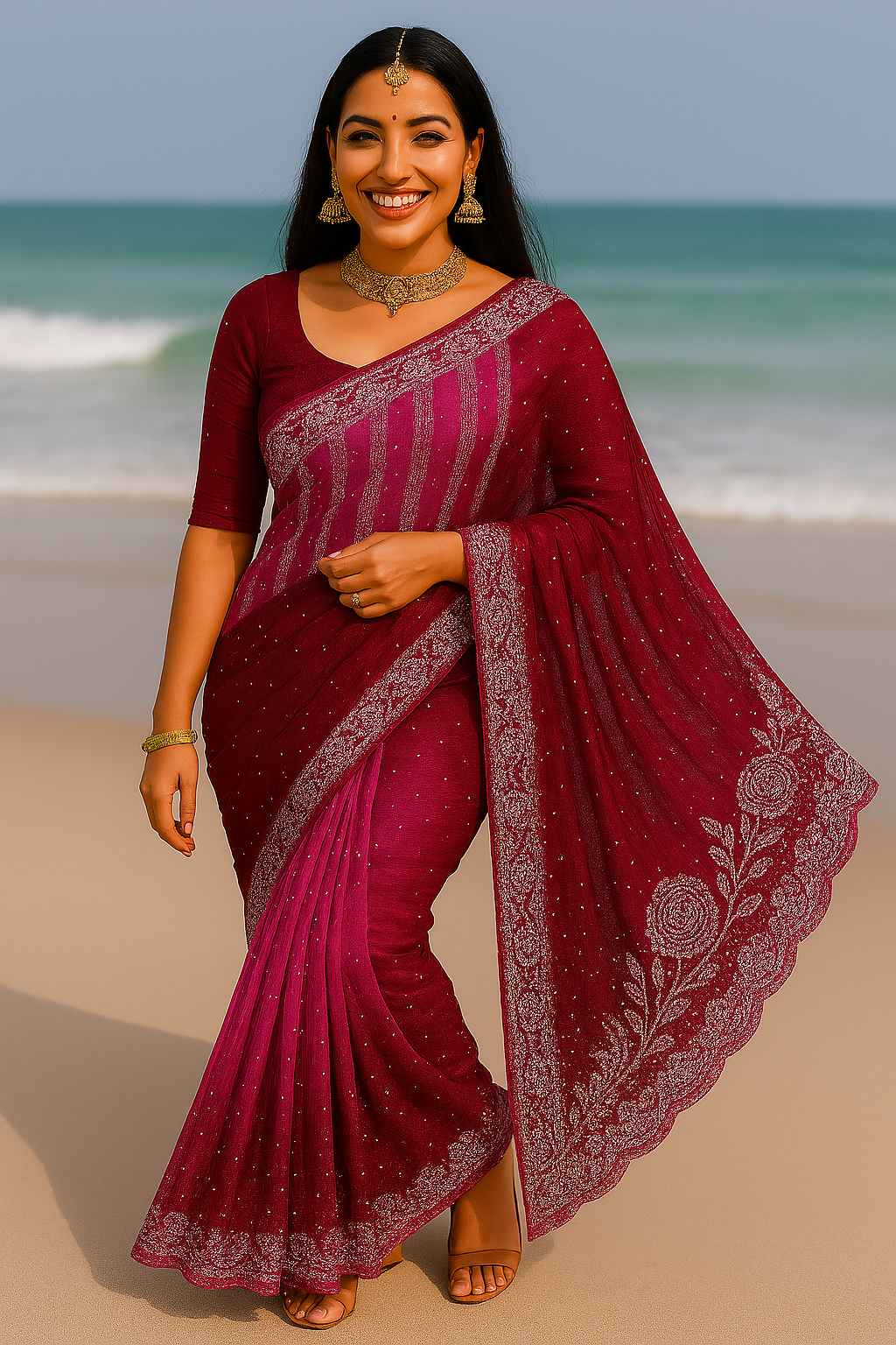 Pink Colour Stone Work Popcorn Saree