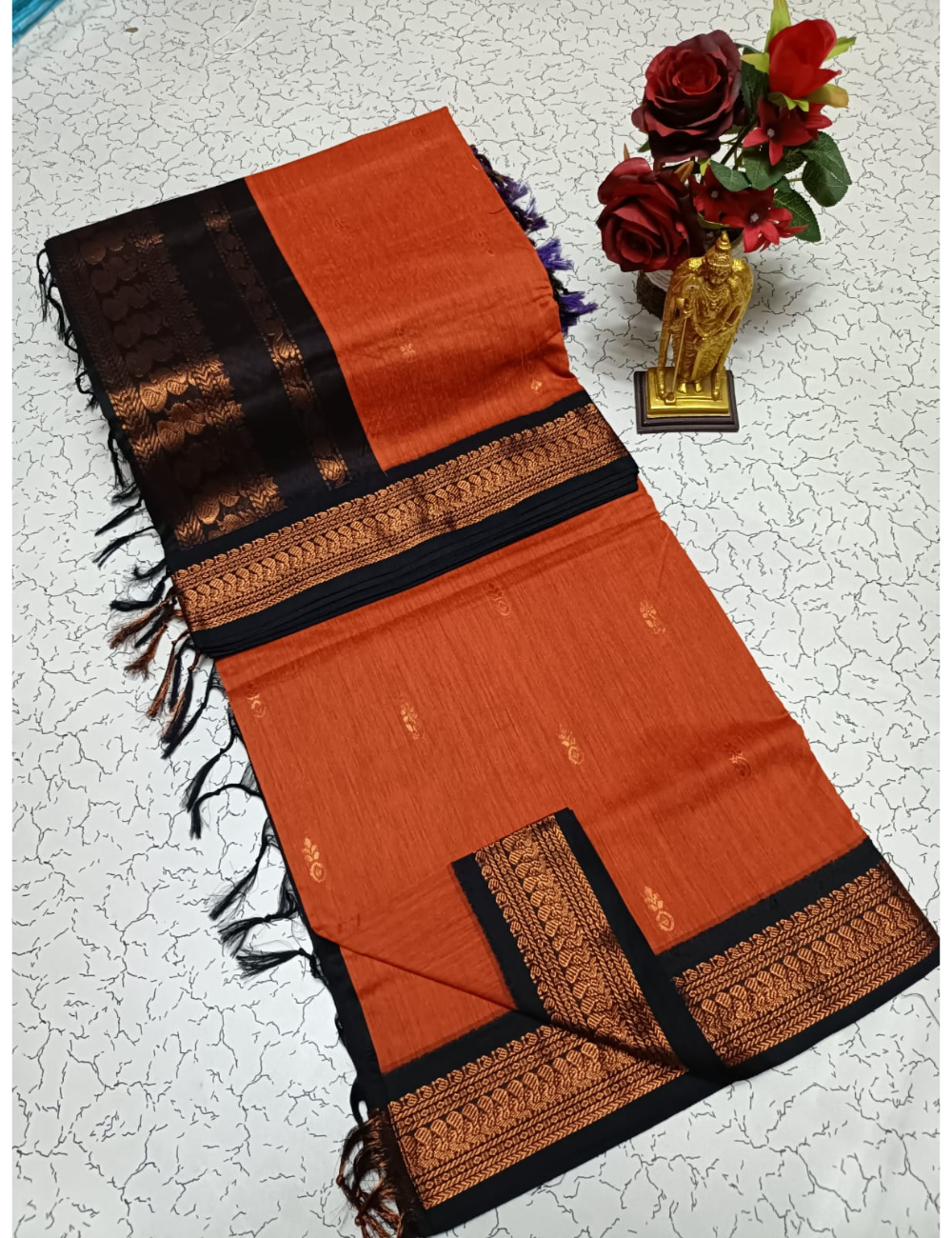 ✨ Elegant Orange &amp; Black Kalyani Cotton Saree ✨