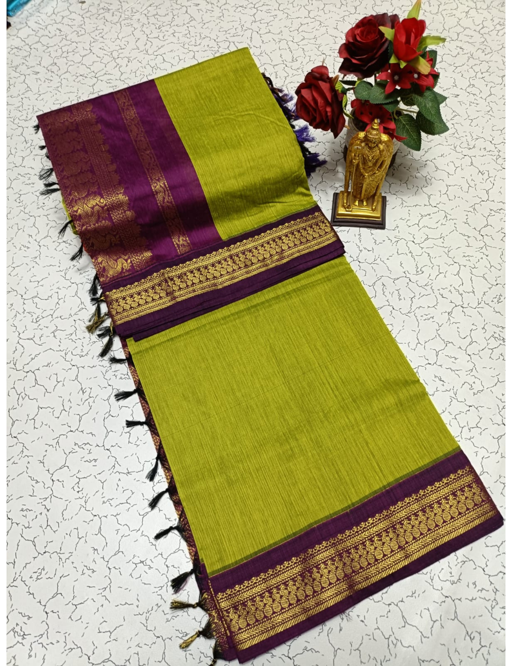 🌿 Elegant Green & Violet Kalyani Cotton Saree 🌸