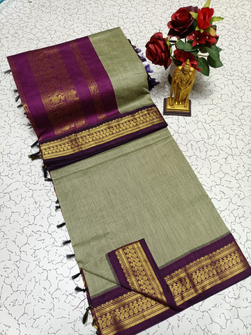✨ Elegant Ash  With Purple Kalyani Cotton Saree ✨