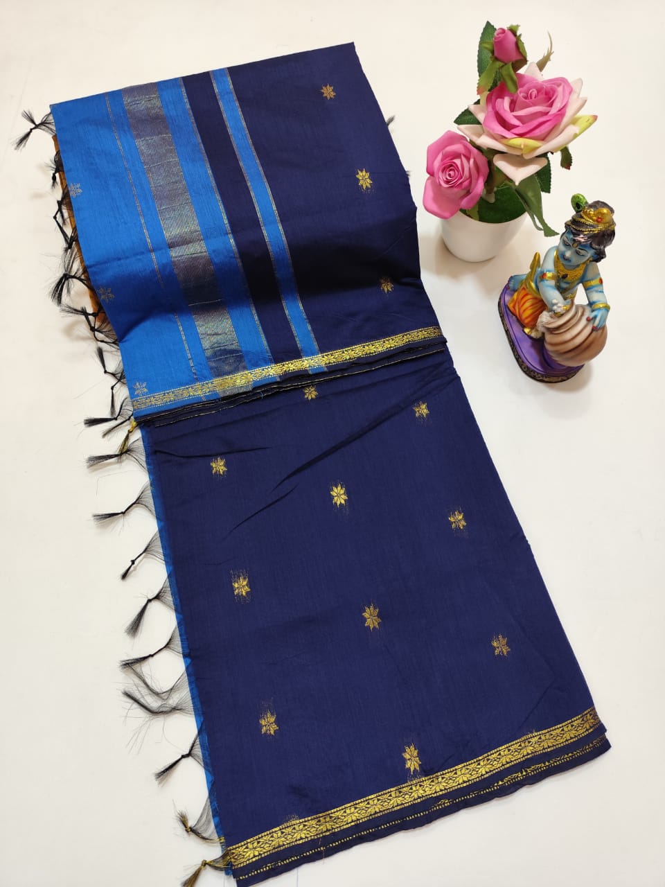 Navy Blue With Sky Blue Maheswari Silk Cotton Saree