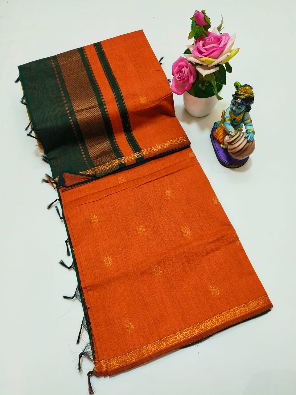Orange With Black Colour Maheswari Silk Cotton Sarees
