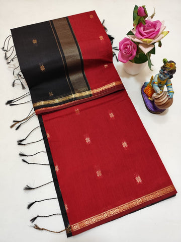 Red With Black Maheswari Silk  Cotton Sarees