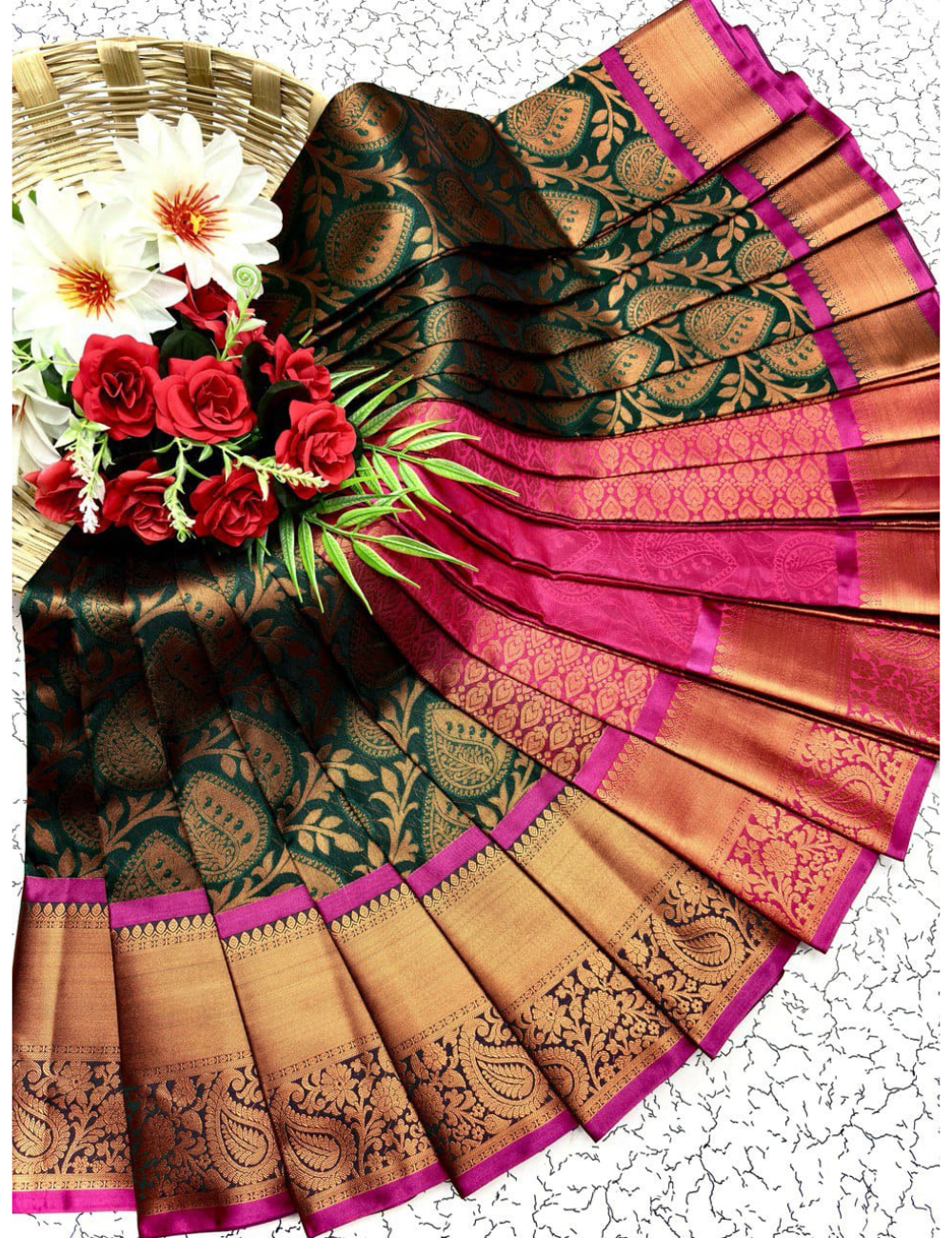 Bottle Green With Pink Kanjivaram Bridal Semi Silk Sarees