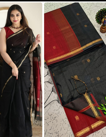 Black With Red Maheswari Silk Cotton Sarees
