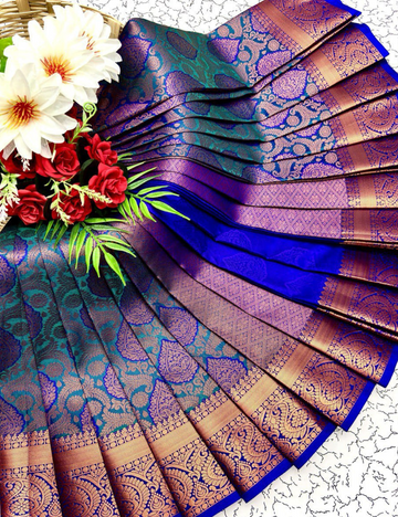 Peacock Blue With Royal Blue kanjivaram Bridal Semi Silk Sarees