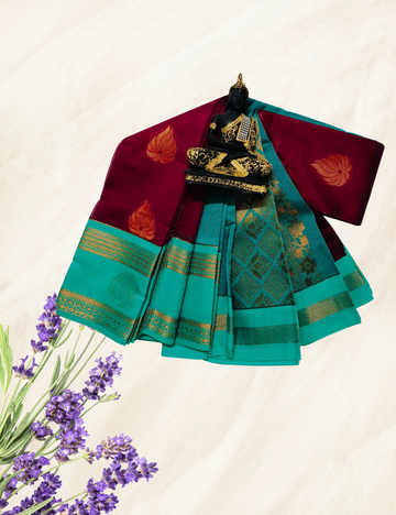 Maroon With Mint Green Colour Silk Cotton Sarees