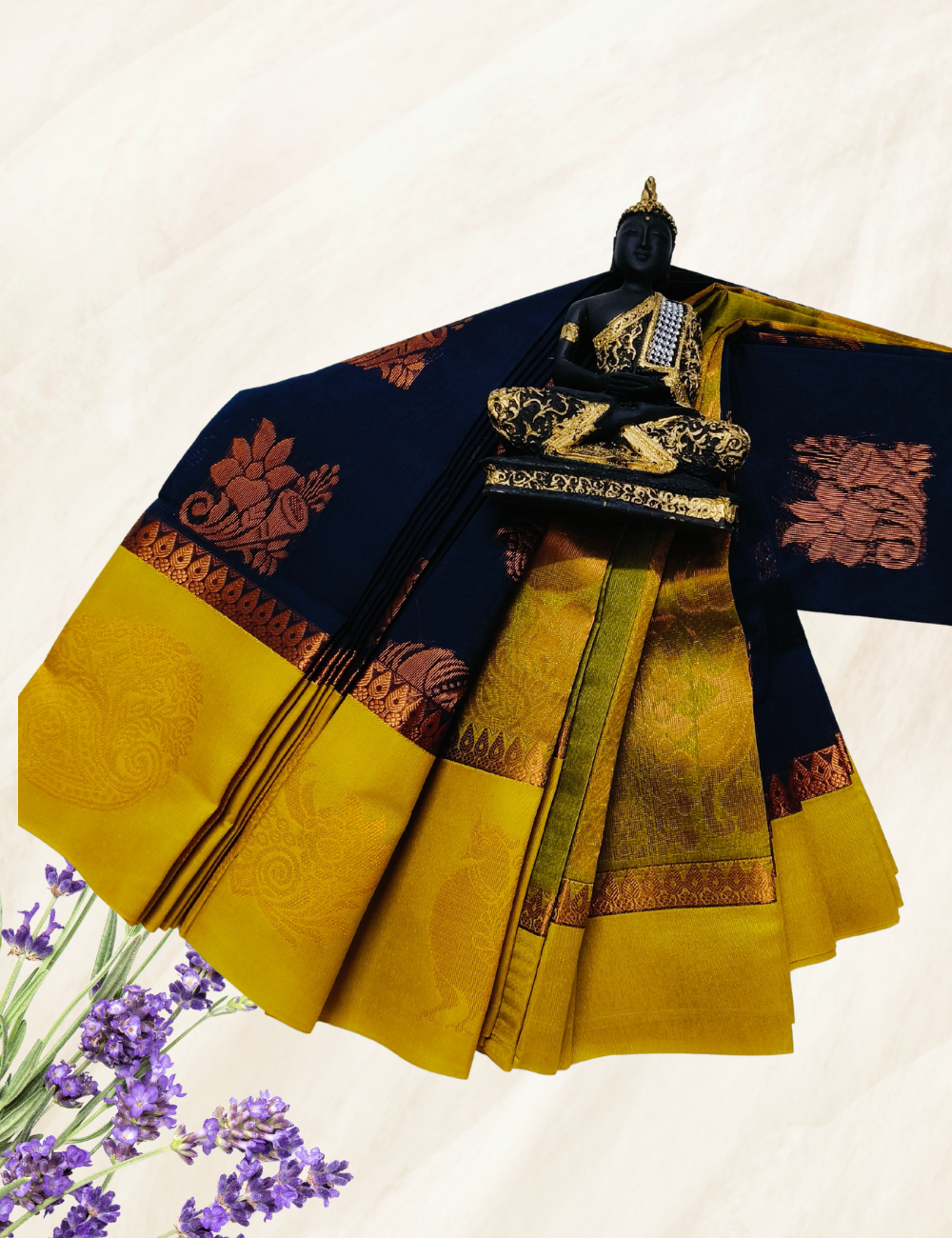 Dark Blue With Mustard Yellow Silk Cotton Sarees